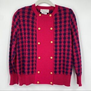 Vivanti Vintage Retro Sweater Double Breasted Red Blue Petite Size 4 Button 80s